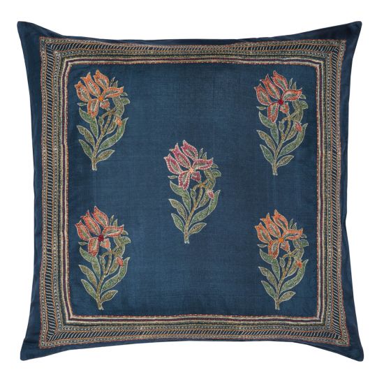 Lily Embroidered Silk Pillow Cover - Charcoal/Ruby